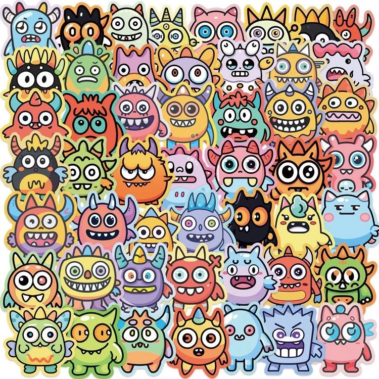 50pcs Cute Cartoon Monster Stickers, PVC Self-Adhesive Decals for Scrapbooking, Phone Cases, Laptops