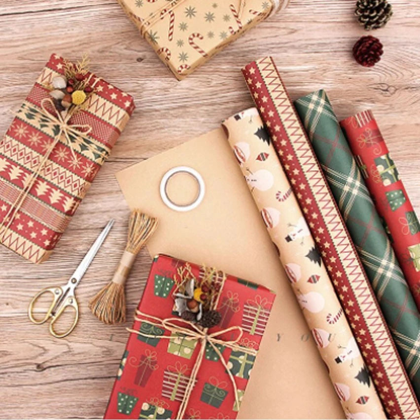 Gift Wrapping Paper 6 Pcs, Kraft Paper 70X50CM ,with Jute String and Tag/Sticker