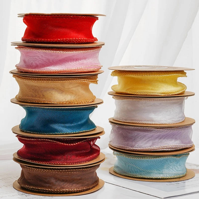 9m Wave Silk Korean Style Gold Edge Organza Ribbon Gift Wrapping Decoration Lace Ribbon