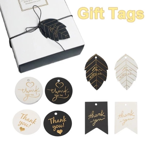 100PCS Gold Stamping Paper Gift Tags Black, White Hang Label Decor Wedding Gift Tags