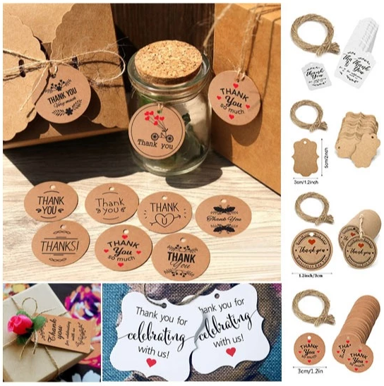 100pcs Kraft Thankyou tag w/ 20m Rope label handmade gift Packaging tag