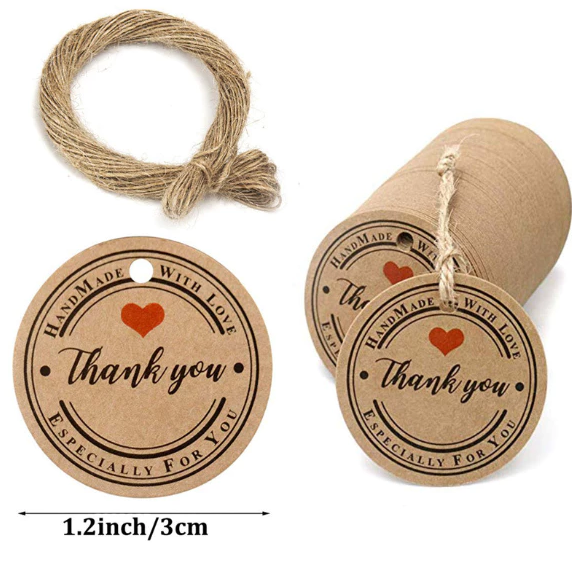 100pcs Kraft Thankyou tag w/ 20m Rope label handmade gift Packaging tag
