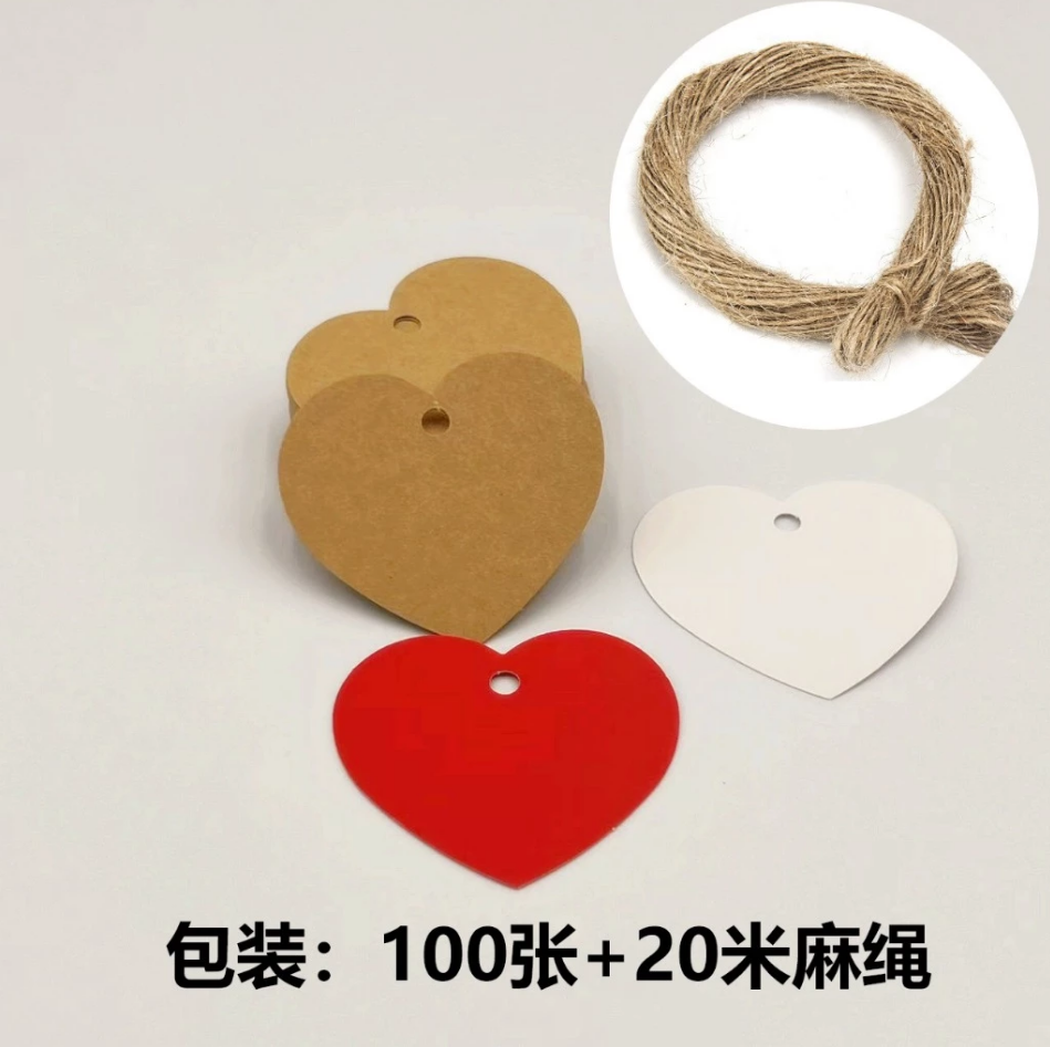 100pcs Blank Heart shape tag w/Rope label handmade gift Kraft Paper Packaging tag