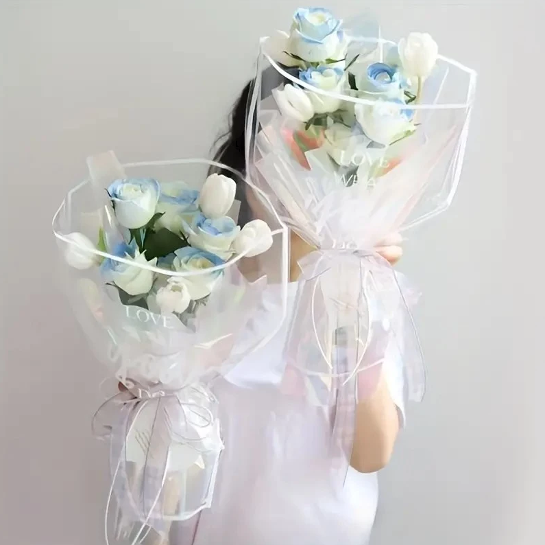30PCS/PACK Crystal Clear Waterproof OPP Flower Bags – Floral-Bordered Packaging
