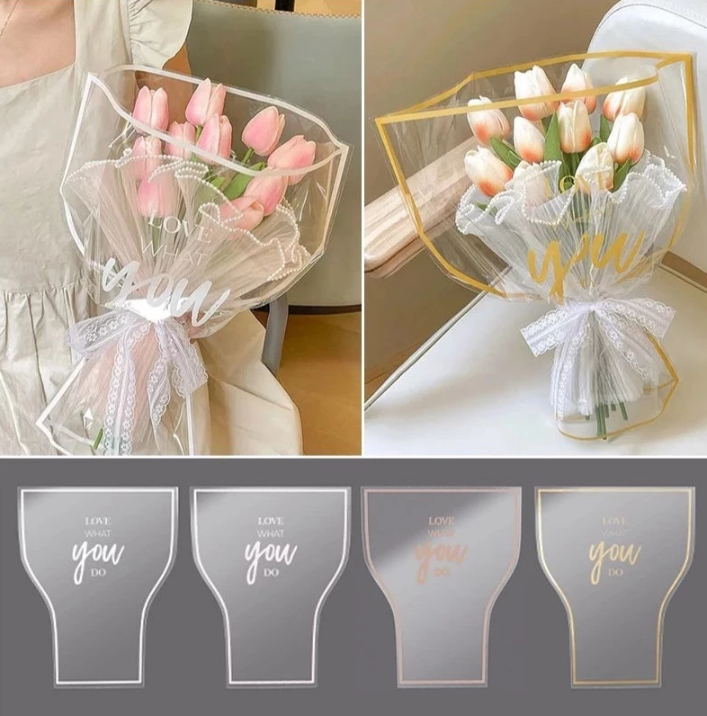 30PCS/PACK Crystal Clear Waterproof OPP Flower Bags – Floral-Bordered Packaging