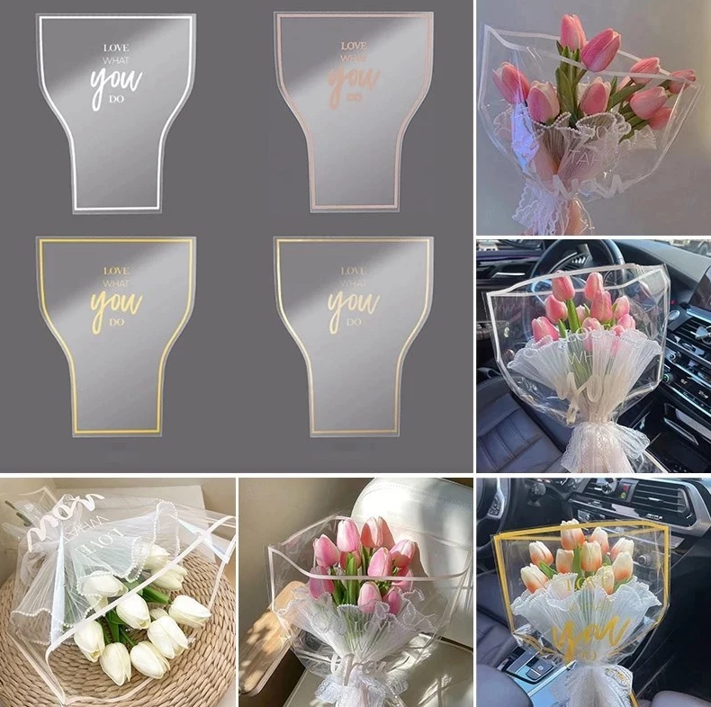 30PCS/PACK Crystal Clear Waterproof OPP Flower Bags – Floral-Bordered Packaging