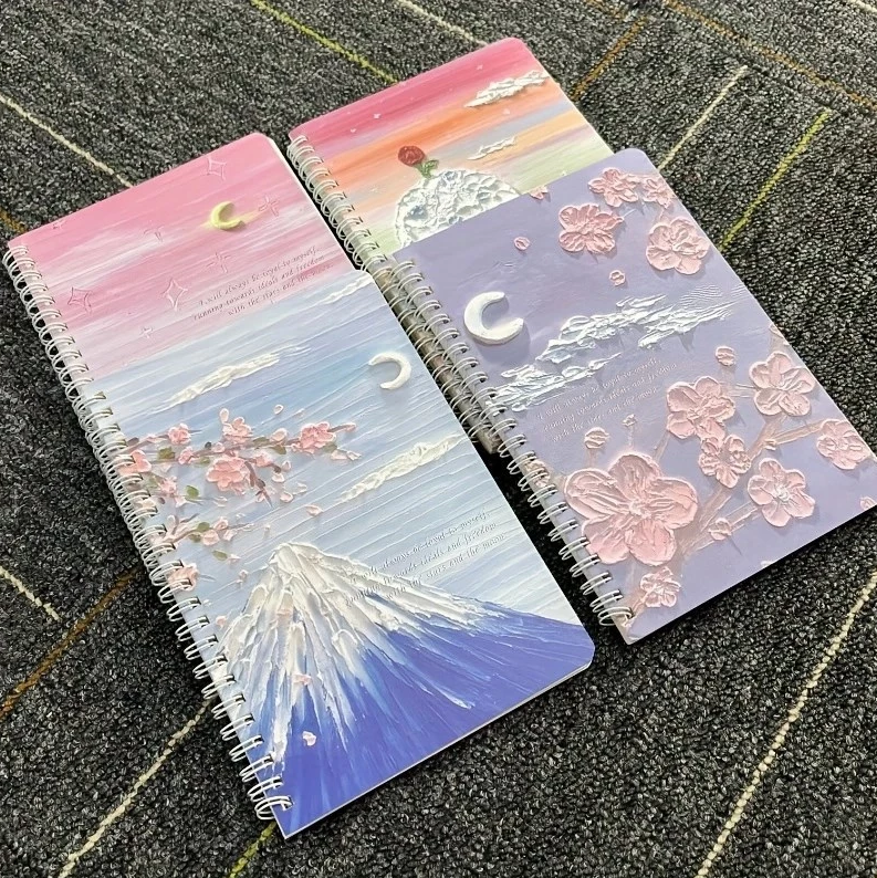 Oil Painting Notebook Set - 4 Assorted Spiral Journals Cherry Blossoms, Mt. Fuji, Pastel