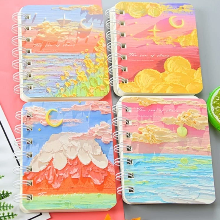 Oil Painting Notebook Set - 4 Assorted Spiral Journals Cherry Blossoms, Mt. Fuji, Pastel