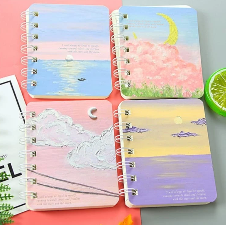 Oil Painting Notebook Set - 4 Assorted Spiral Journals Cherry Blossoms, Mt. Fuji, Pastel