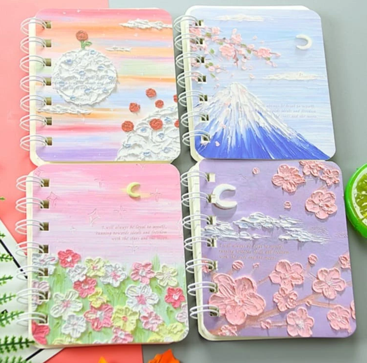 Oil Painting Notebook Set - 4 Assorted Spiral Journals Cherry Blossoms, Mt. Fuji, Pastel