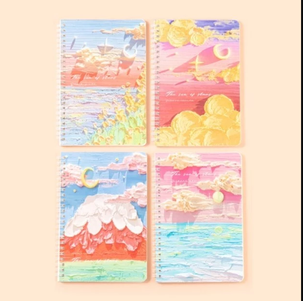 Oil Painting Notebook Set - 4 Assorted Spiral Journals Cherry Blossoms, Mt. Fuji, Pastel
