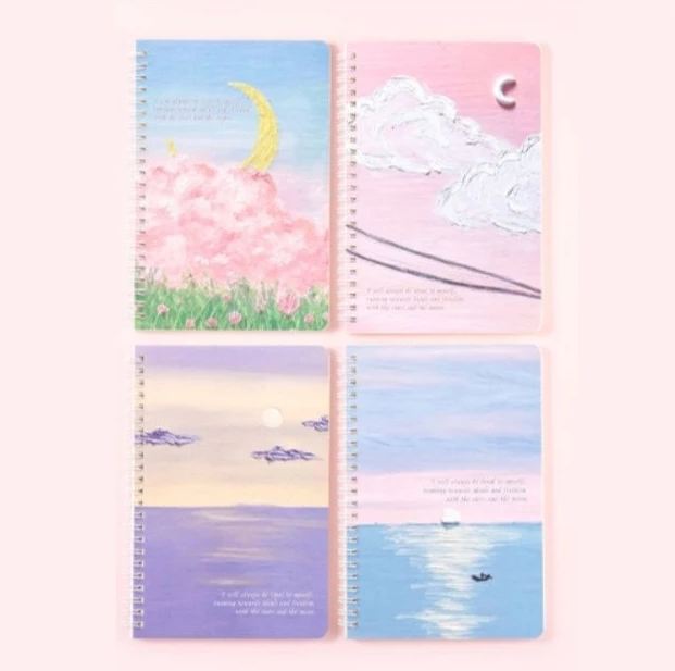 Oil Painting Notebook Set - 4 Assorted Spiral Journals Cherry Blossoms, Mt. Fuji, Pastel