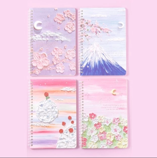 Oil Painting Notebook Set - 4 Assorted Spiral Journals Cherry Blossoms, Mt. Fuji, Pastel