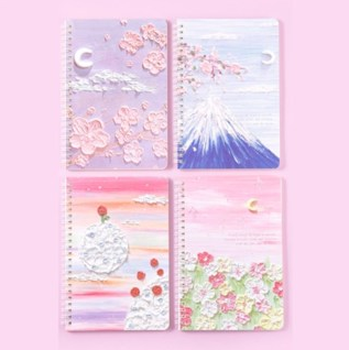 Oil Painting Notebook Set - 4 Assorted Spiral Journals Cherry Blossoms, Mt. Fuji, Pastel