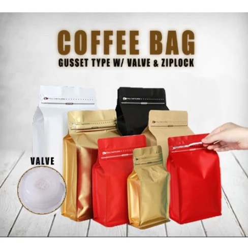 50pcs Coffee Stand Up Pouch with Valve and Pulltab Gusset Type Flat Bottom