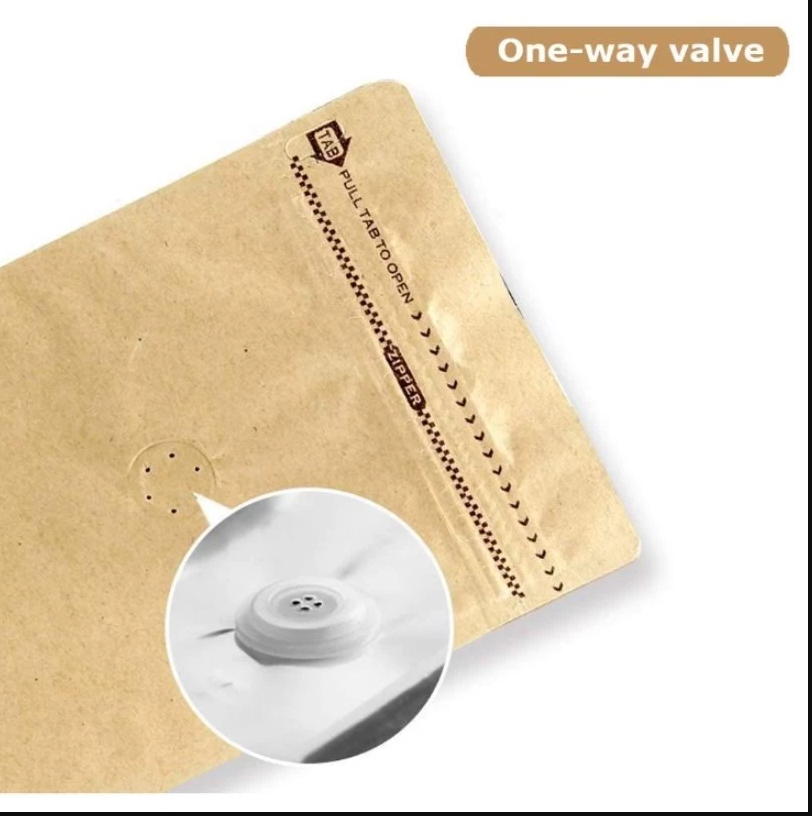 50pcs Coffee Stand Up Pouch with Valve and Pulltab Gusset Type Flat Bottom