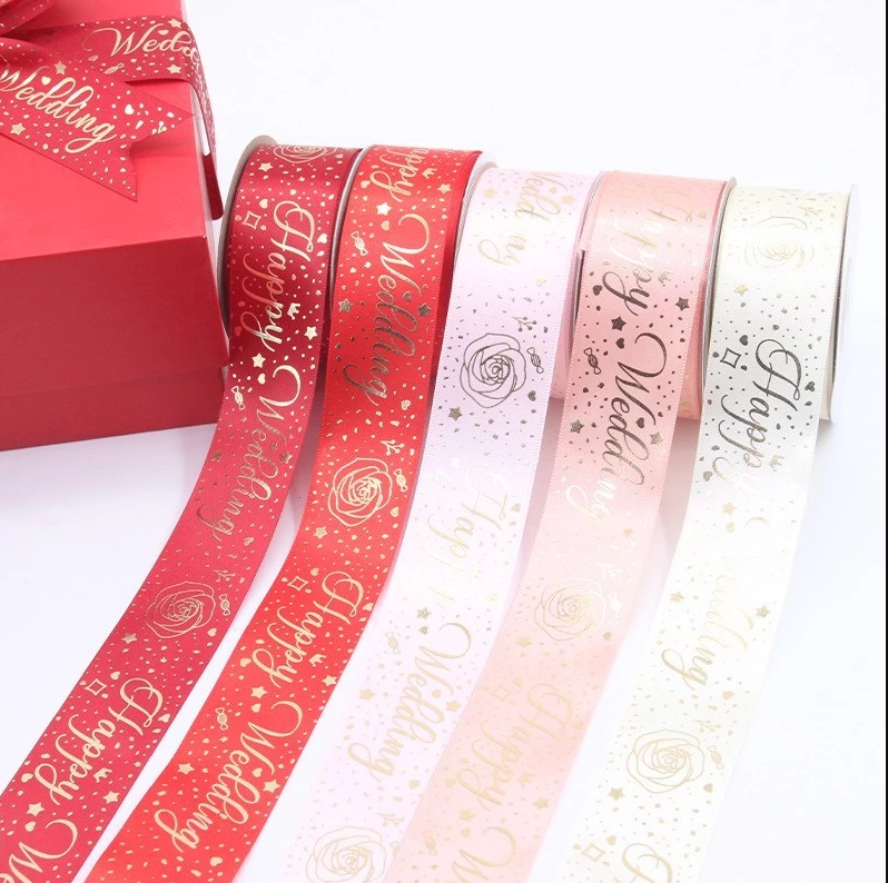 (25yards/1roll) 4cm Happy Wedding Ribbon Hot Stamping Ribbon Gift Box Packaging Ribbon