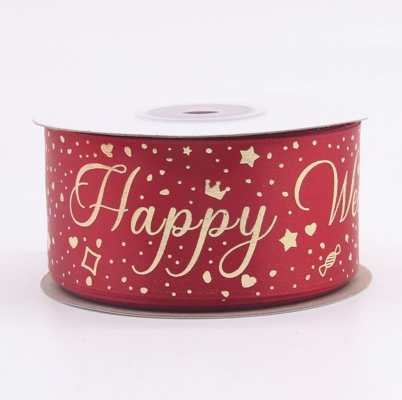 (25yards/1roll) 4cm Happy Wedding Ribbon Hot Stamping Ribbon Gift Box Packaging Ribbon