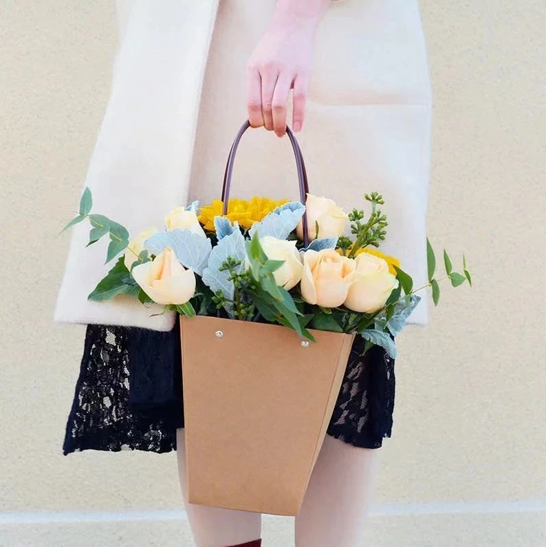 1pc Kraft paper flower tote bag Flower Bouquet Packaging Bag Handbags for Wedding Party