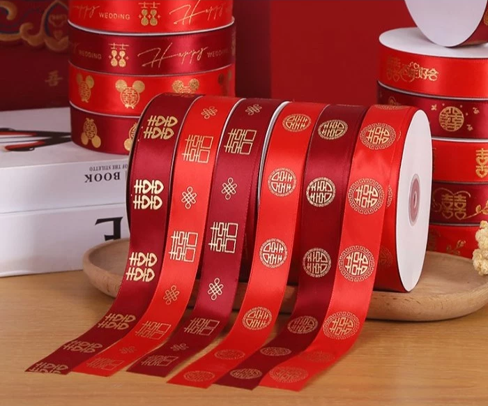 25yards| 2.5cm Chinese Wedding Ribbon: Scarlet Silk & Gold Foil Detailing