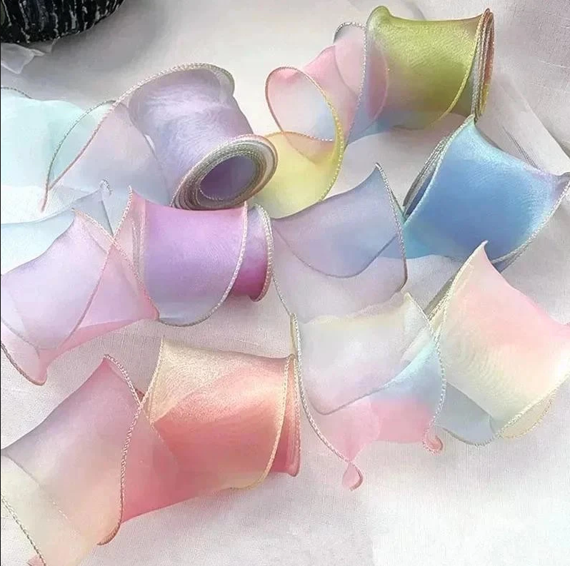 Fantasy fish tail Gradient yarn pleated yarn Ribbon With Wavy Edge Wrap Flower Gift Decor