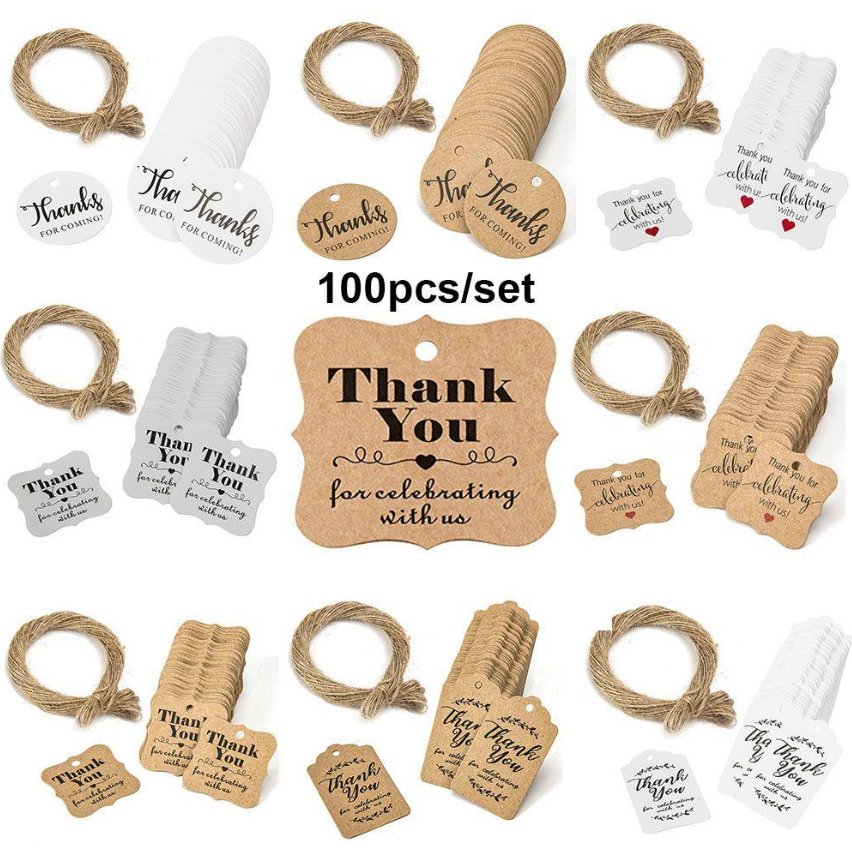 100pcs Kraft Thankyou tag w/ 20m Rope label handmade gift Packaging tag