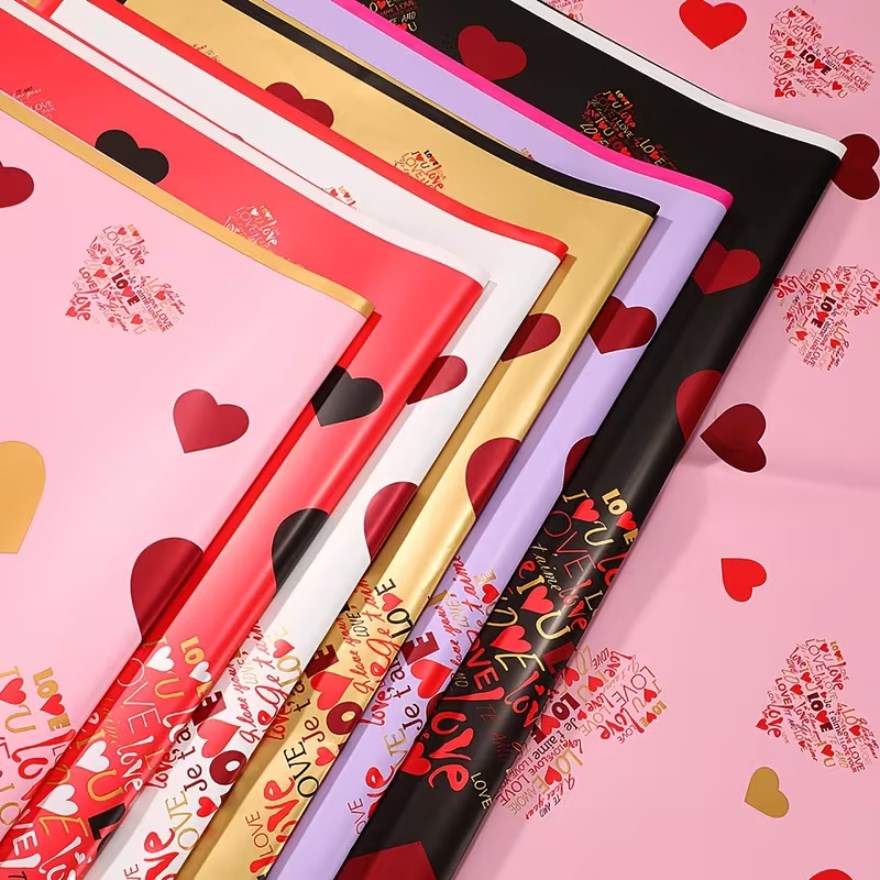 20 Sheets "Love-Filled" Bouquet Wrapping Paper - Red/Pink Heart Design | Floral & Gift Wrapping