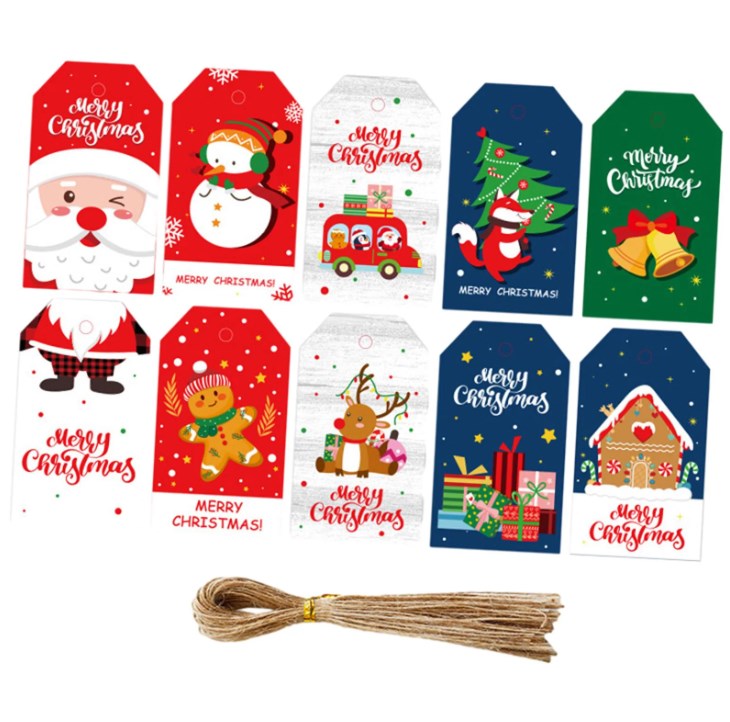 30pcs/50pcs Christmas Gift Tags & 20m Natural Rope Merry Xmas Creative Bookmark Hang Tag Cards