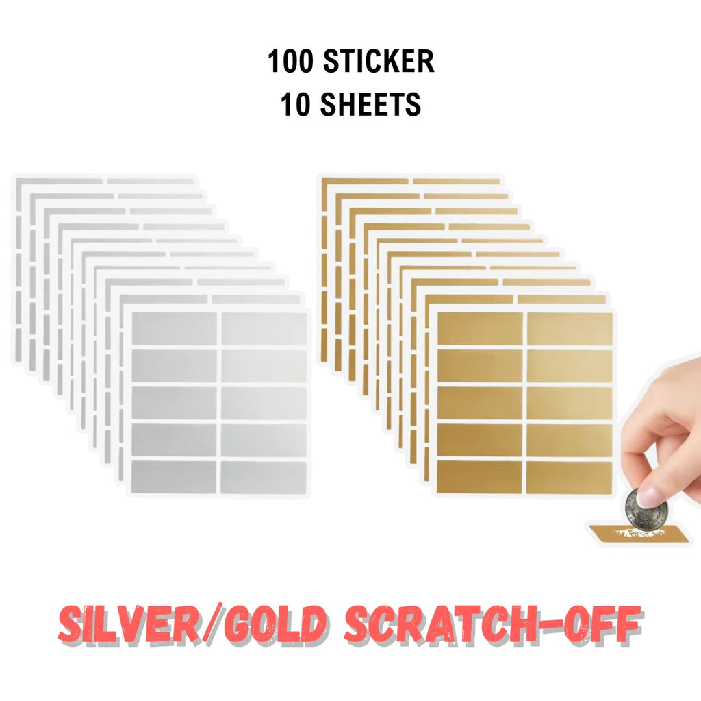 100Pcs Rectangular Scratch Off Stickers Gold & Silver | 48x15mm Hidden Text for Games, Surprise Gift