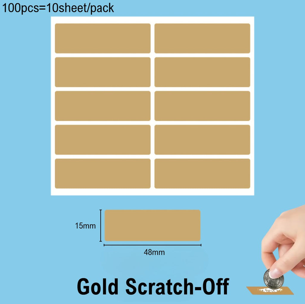 100Pcs Rectangular Scratch Off Stickers Gold & Silver | 48x15mm Hidden Text for Games, Surprise Gift
