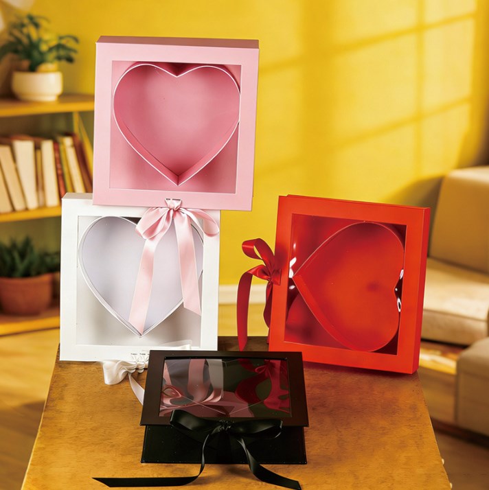 Heart Shape Window Gift Box with Ribbon Flower Box Wedding Favor DIY Gift Packaging Box