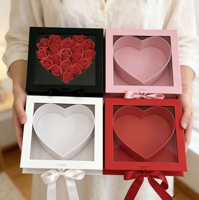 Heart Shape Window Gift Box with Ribbon Flower Box Wedding Favor DIY Gift Packaging Box
