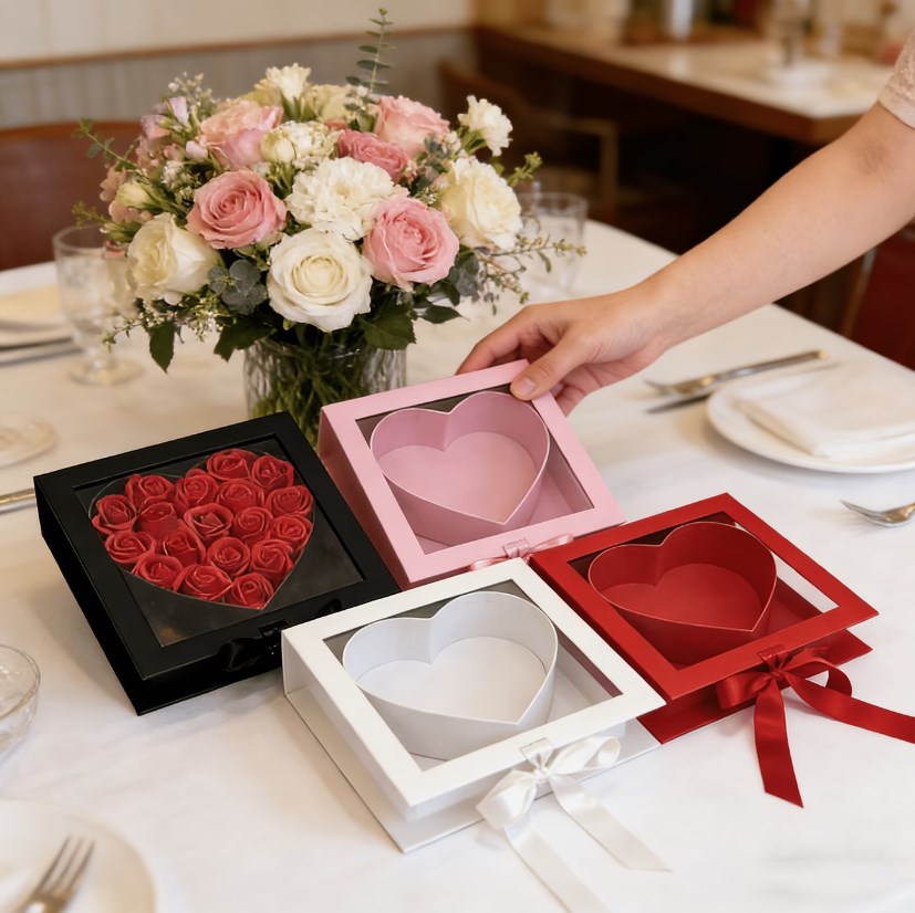 Heart Shape Window Gift Box with Ribbon Flower Box Wedding Favor DIY Gift Packaging Box
