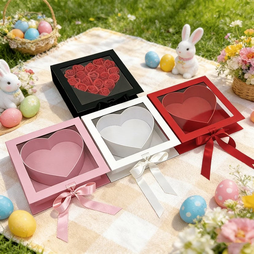 Heart Shape Window Gift Box with Ribbon Flower Box Wedding Favor DIY Gift Packaging Box
