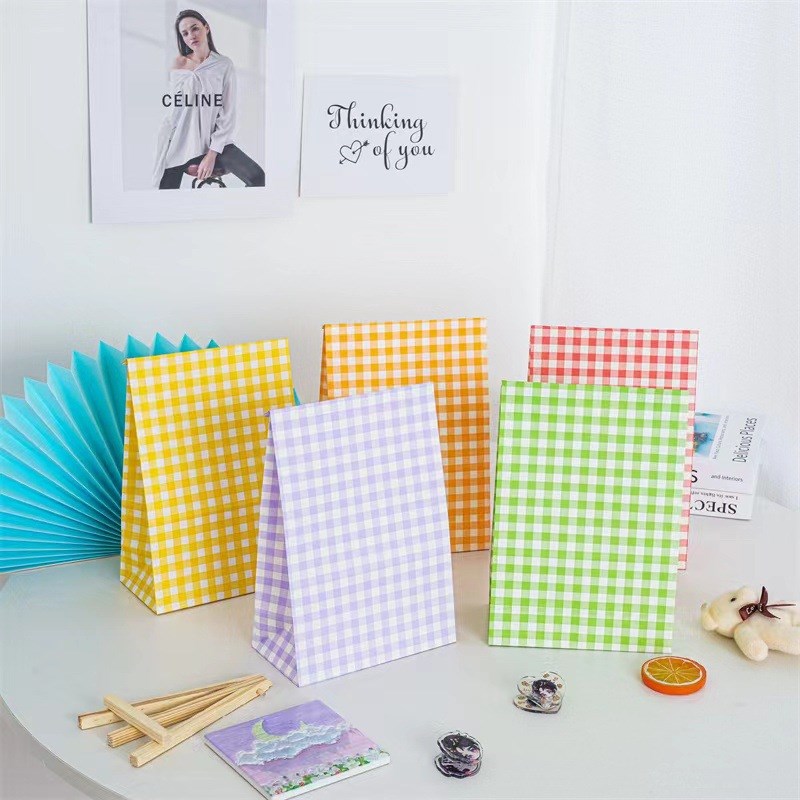 10pcs Plaid Kraft Paper Bags | Checkered Gift Packaging Bags Durable & Reusable Paper Bags