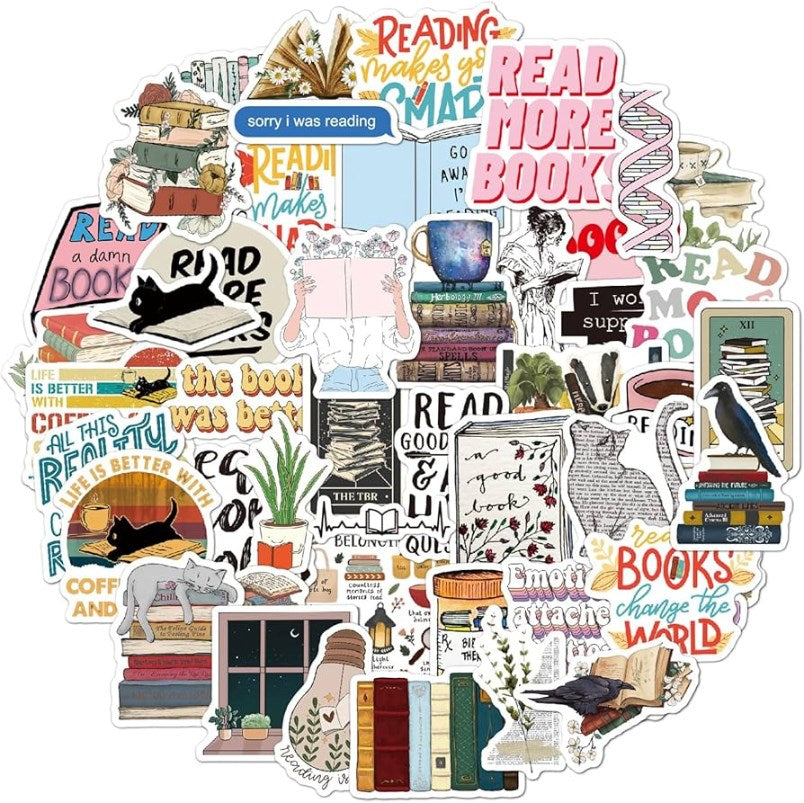 50pcs Cute Book Stickers Book & Quotes Stickers Waterproof for Scrapbook, Laptop & Water Bottle