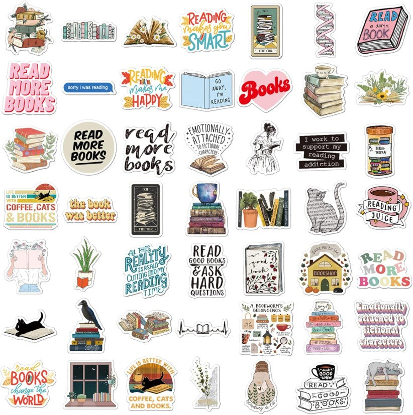 50pcs Cute Book Stickers Book & Quotes Stickers Waterproof for Scrapbook, Laptop & Water Bottle