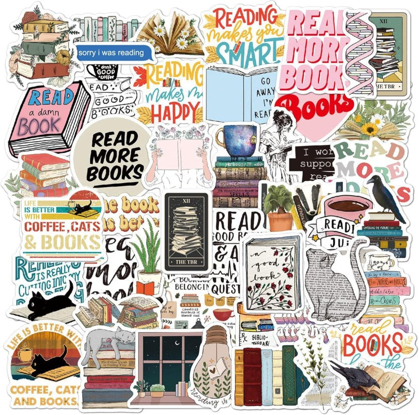 50pcs Cute Book Stickers Book & Quotes Stickers Waterproof for Scrapbook, Laptop & Water Bottle