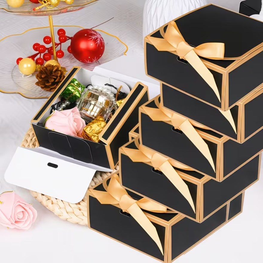 10pcs | Clamshell Luxury Gift Box | Gold Edge with Satin Ribbon Bow | Flip Top Jewelry Packaging Box