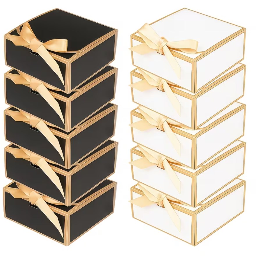 10pcs | Clamshell Luxury Gift Box | Gold Edge with Satin Ribbon Bow | Flip Top Jewelry Packaging Box
