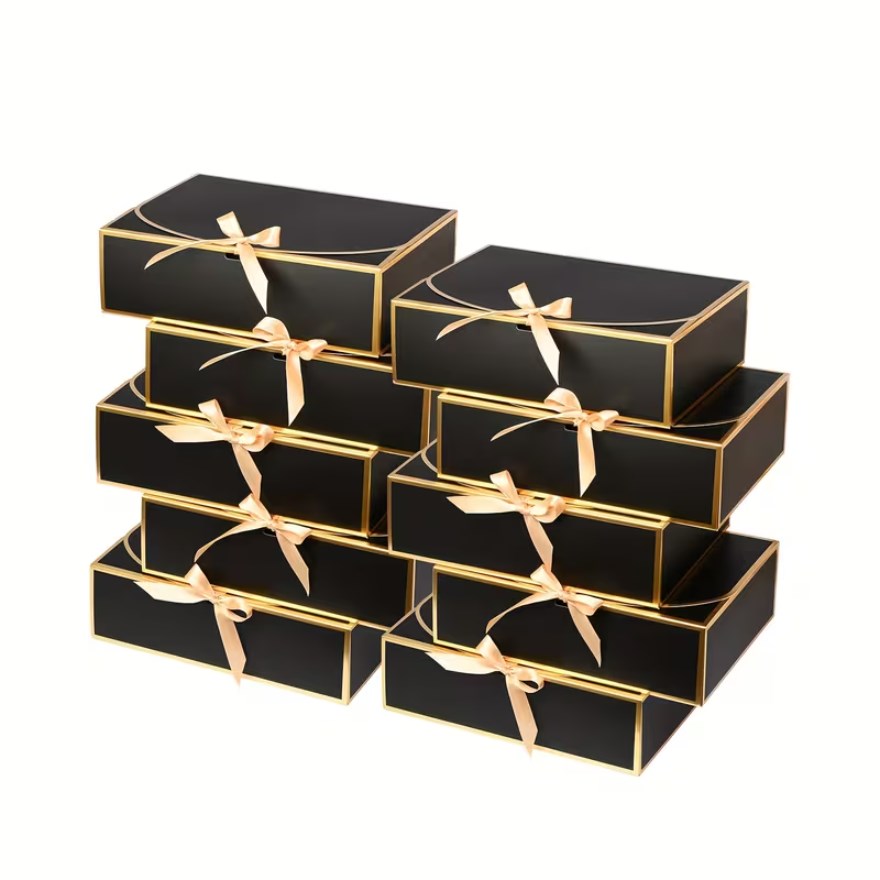 10pcs | Clamshell Luxury Gift Box | Gold Edge with Satin Ribbon Bow | Flip Top Jewelry Packaging Box