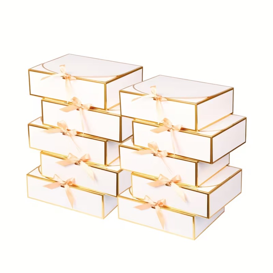 10pcs | Clamshell Luxury Gift Box | Gold Edge with Satin Ribbon Bow | Flip Top Jewelry Packaging Box