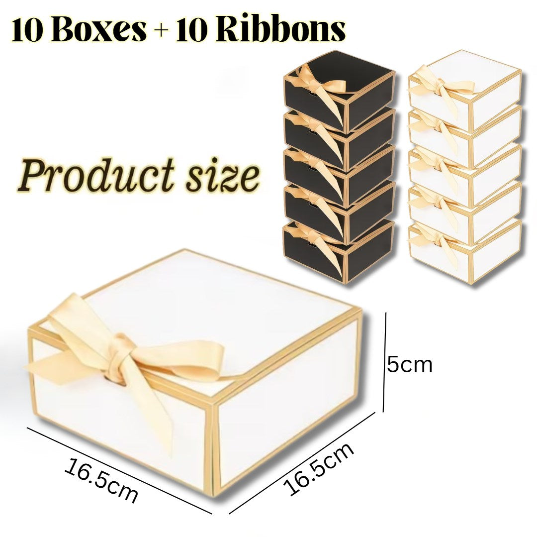 10pcs | Clamshell Luxury Gift Box | Gold Edge with Satin Ribbon Bow | Flip Top Jewelry Packaging Box