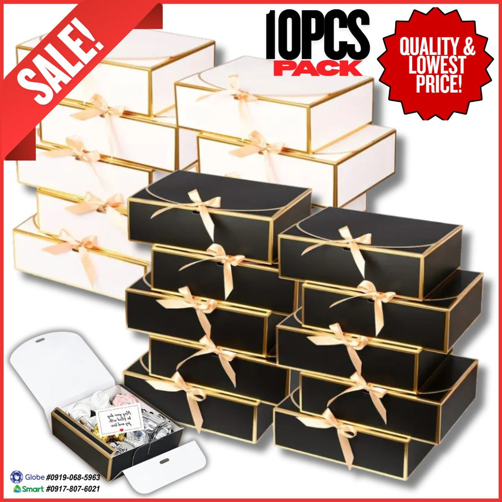 10pcs | Clamshell Luxury Gift Box | Gold Edge with Satin Ribbon Bow | Flip Top Jewelry Packaging Box