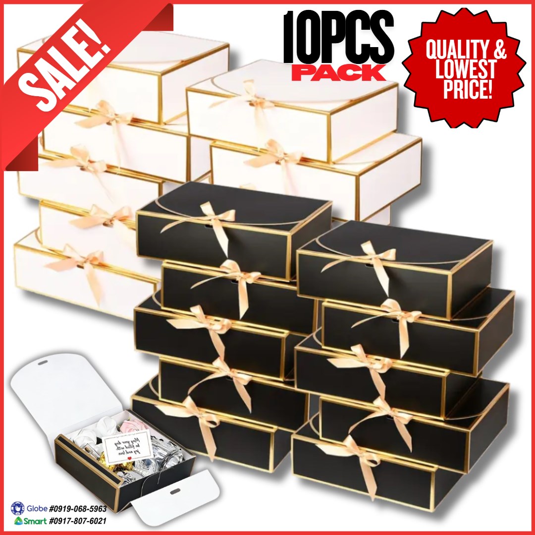 10pcs | Clamshell Luxury Gift Box | Gold Edge with Satin Ribbon Bow | Flip Top Jewelry Packaging Box