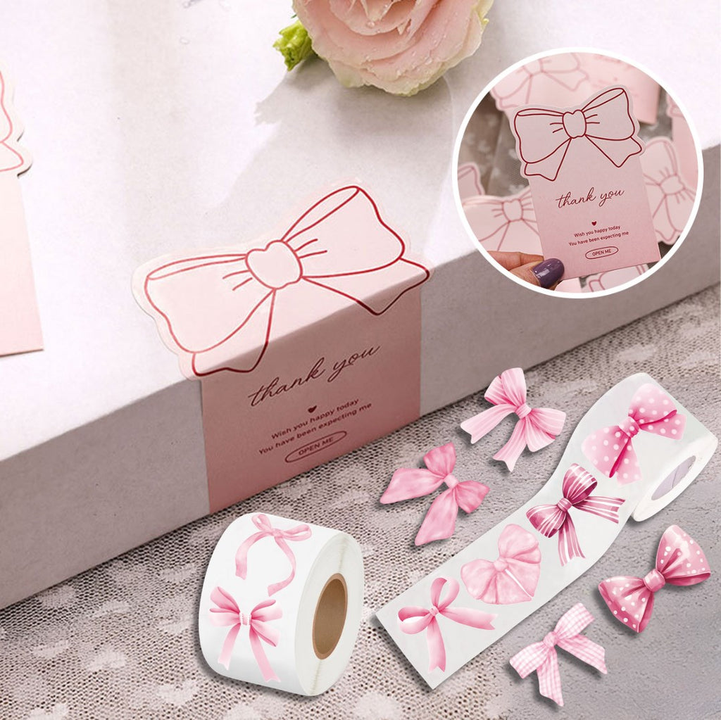 Pink Bow Thank You Stickers | PVC Gift Box Sealing Labels | Cute Ribbon Design for Packaging, DIY