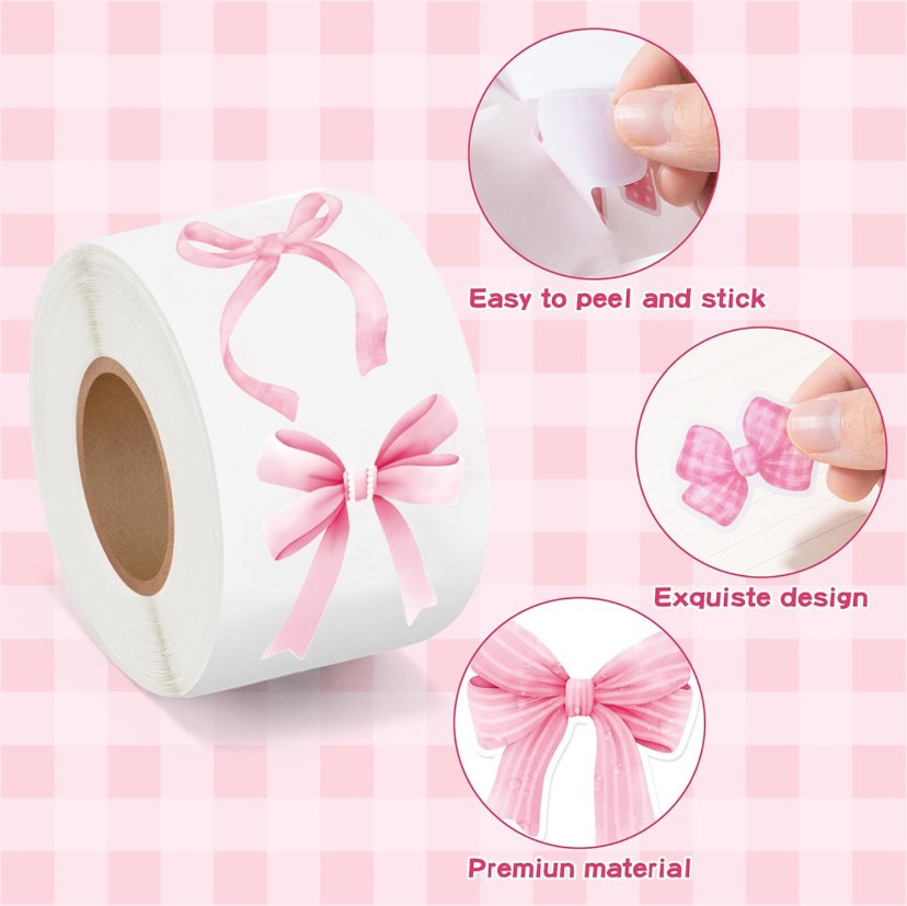 Pink Bow Thank You Stickers | PVC Gift Box Sealing Labels | Cute Ribbon Design for Packaging, DIY