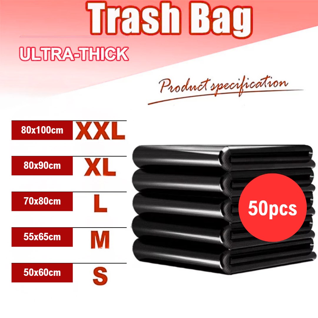50pcs BUDGET Black Garbage Bag Heavy Duty | Thick Trash Bag for Household & Commercial Use | S M L XL XXL
