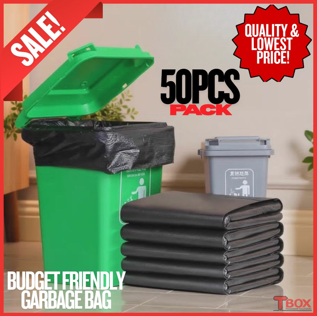 50pcs BUDGET Black Garbage Bag Heavy Duty | Thick Trash Bag for Household & Commercial Use | S M L XL XXL