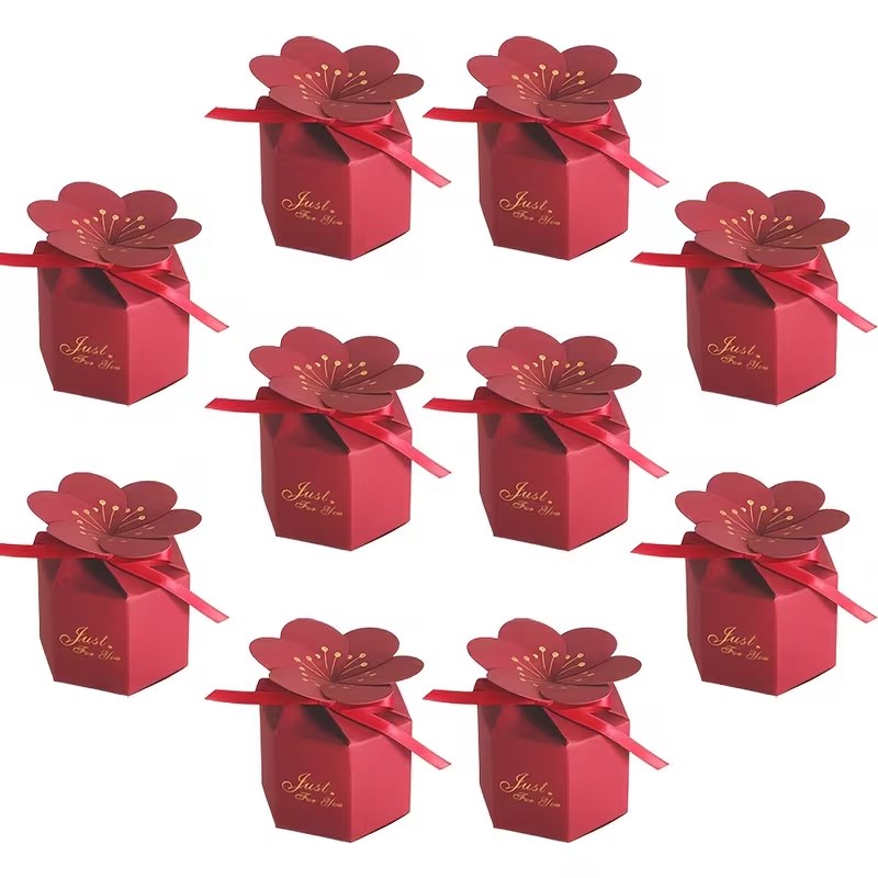 10pcs Cherry Blossom Gift Box with Ribbon | Hexagonal Treat Boxes for Wedding, Birthday, Valentine